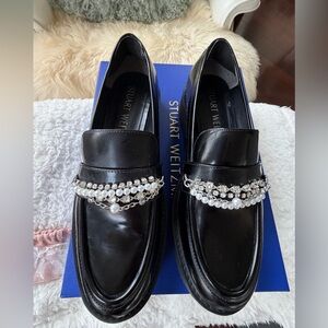 Stuart Weitzman Black Flats with Pearl and Crystal Embellishments